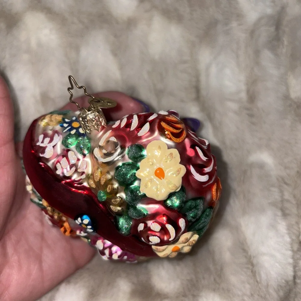 Christopher Radko Say it With Flowers Heart Ornament Intricate Floral Red Bow